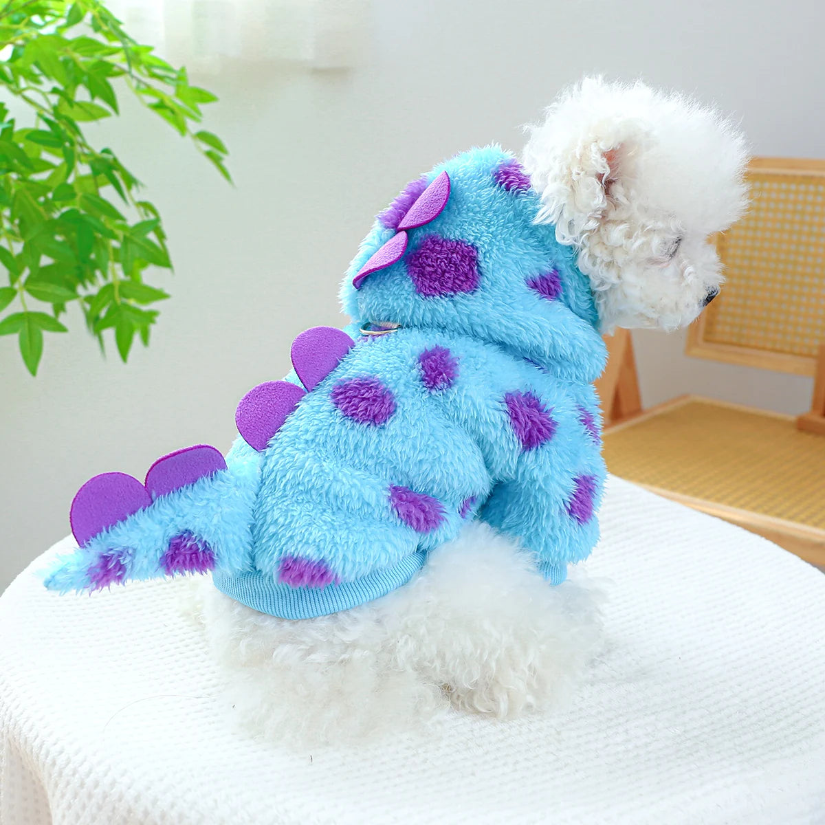 Thickened Warm Blue Dinosaur Hooded Coat With Drawstring Buckle