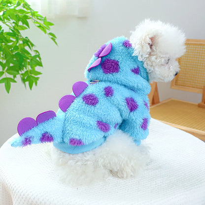 Thickened Warm Blue Dinosaur Hooded Coat With Drawstring Buckle